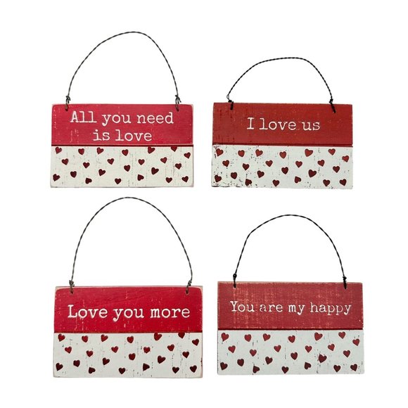 Primitives By Kathy Set of 4 Valentines Ornaments Love Wooden Hanging Sign 5x3 - Picture 1 of 10